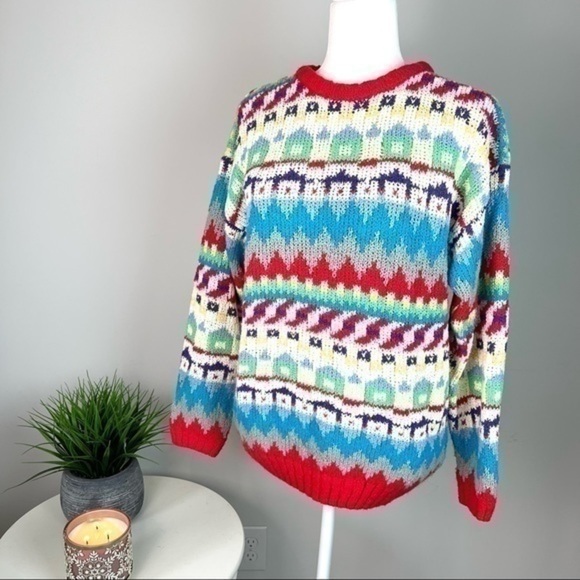 Diane Von Furstenberg Sweater L Multicolor Geometric Knit Pullover Retro Cozy - Picture 3 of 11